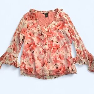 Vintage 100% Silk Floral Coral/Pink Ruffle Blouse Bell Sleeve Sheer Top M